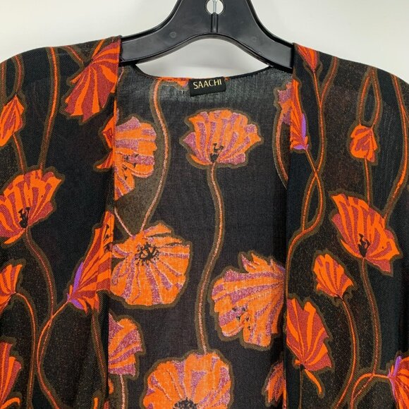Saachi Kimono Black Poppy Field Floral Print Open Front Flowy - Picture 3 of 9